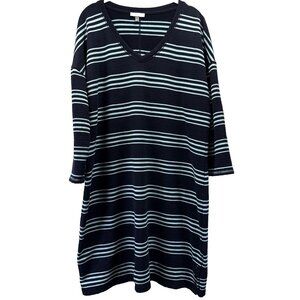 T by Talbots UPF 50+ Dress Size Large Blue‎ Stripe Stretch V Neck Pullover Knit
